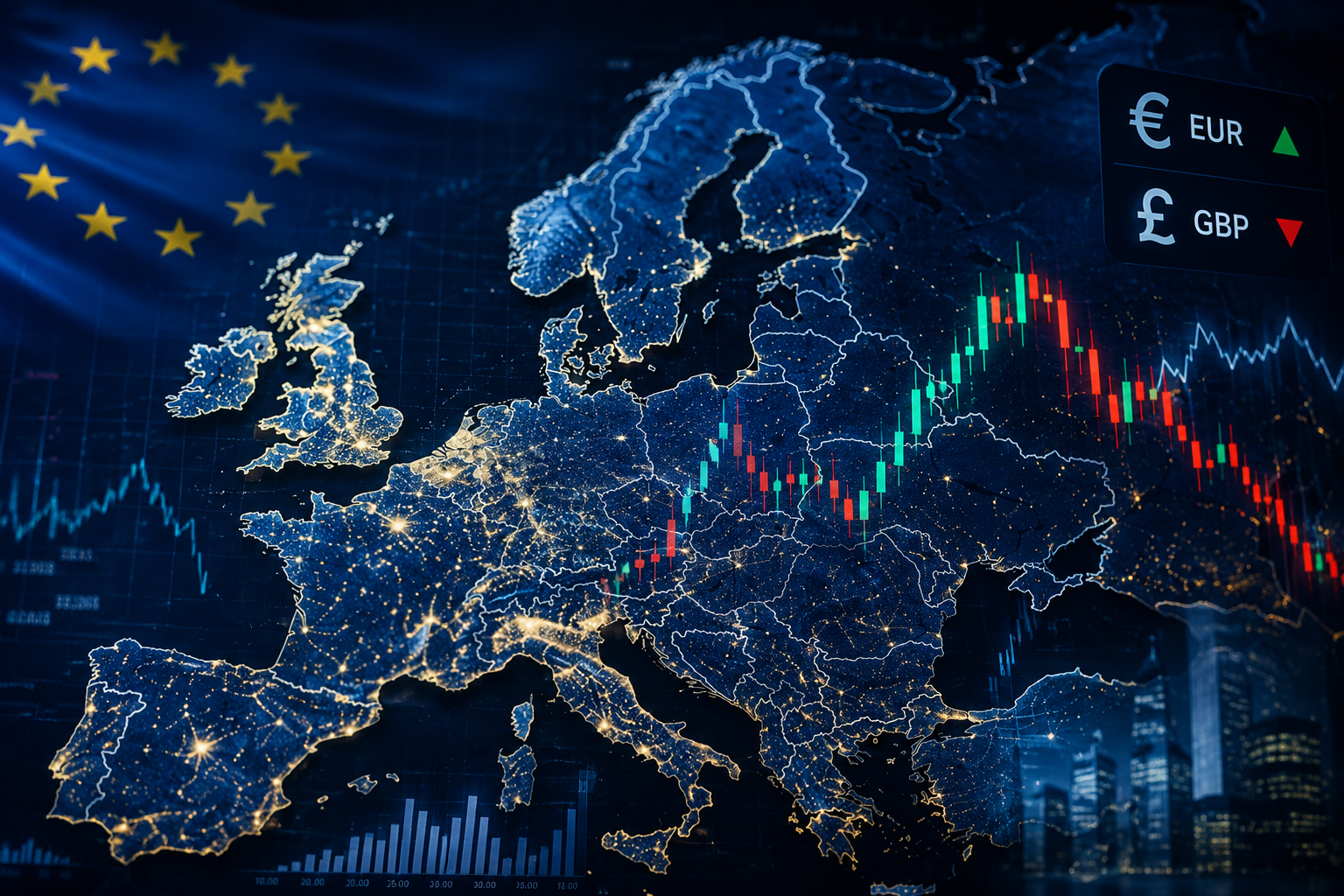 Digital European market map with forex charts, EUR and GBP currency symbols, and financial market volatility visuals.