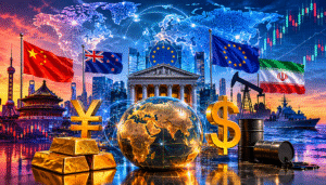 Global financial market illustration featuring currencies, gold, oil, world trade, and geopolitical tension across major economies.