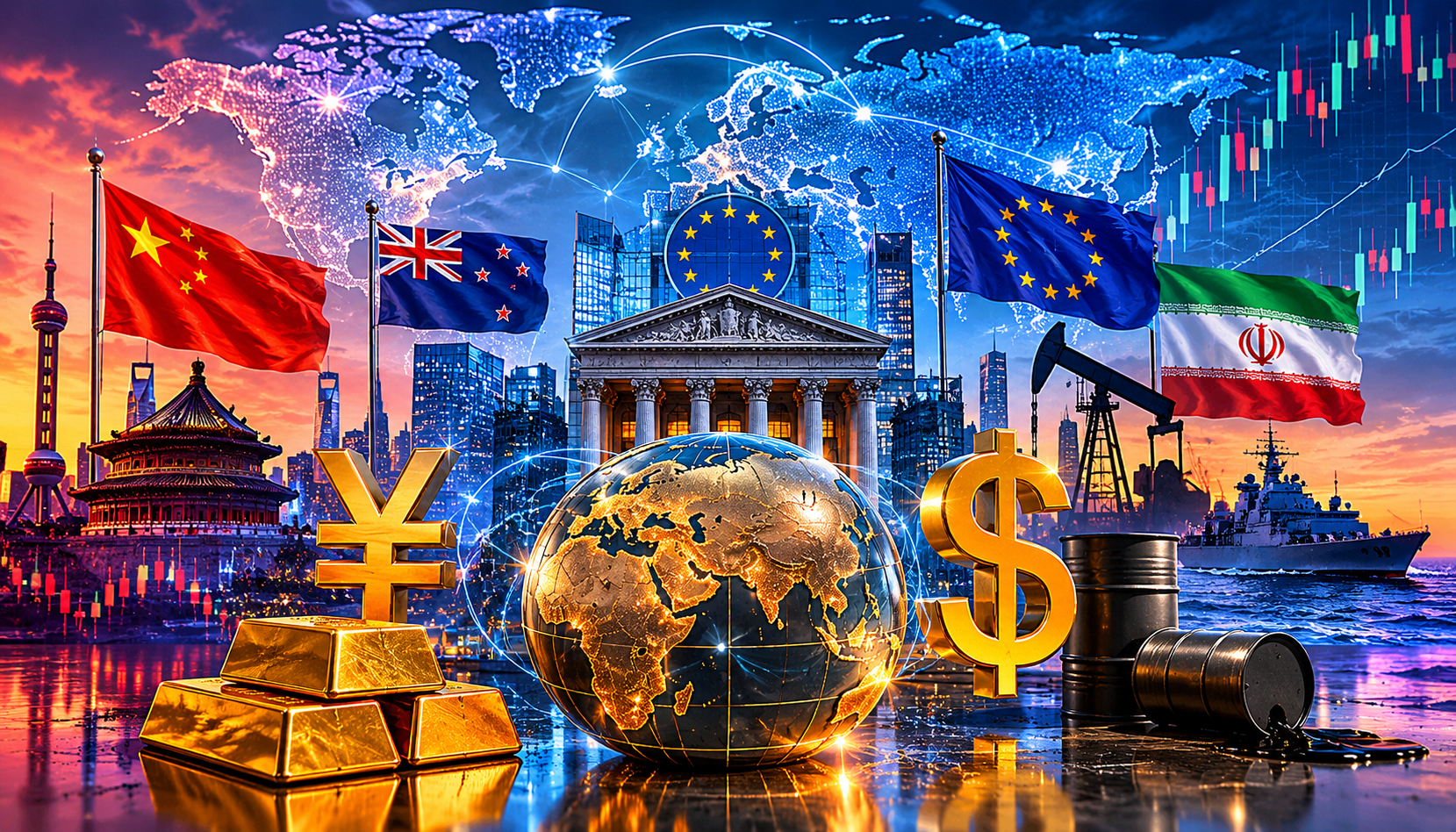 Global financial market illustration featuring currencies, gold, oil, world trade, and geopolitical tension across major economies.