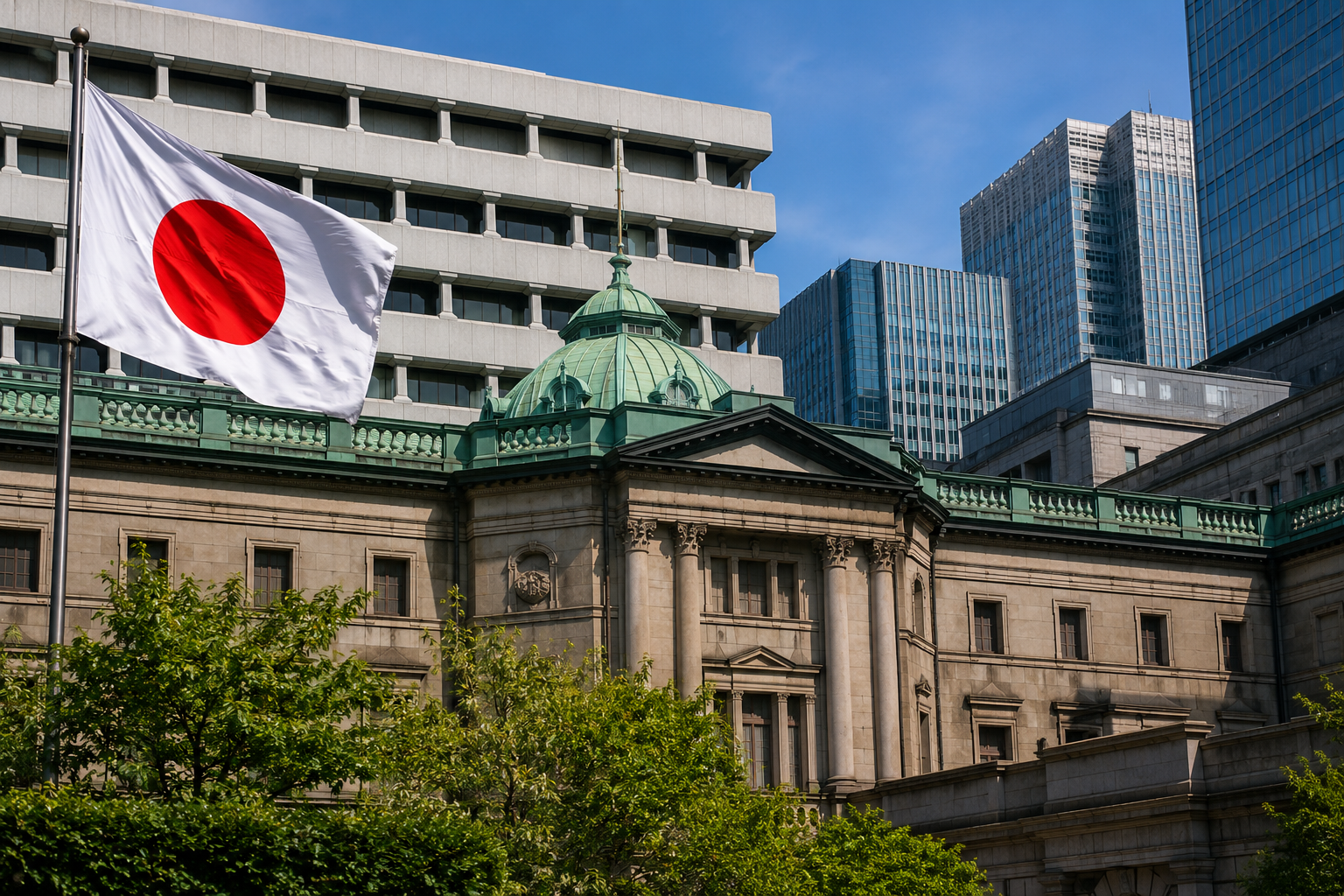 Bank of Japan headquarters in Tokyo with the Japanese flag, representing monetary policy, inflation expectations, and economic outlook.