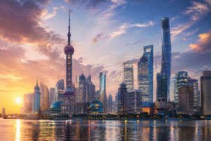 Shanghai financial district skyline at sunset representing China's economy, market confidence, and Asia-Pacific financial activity.